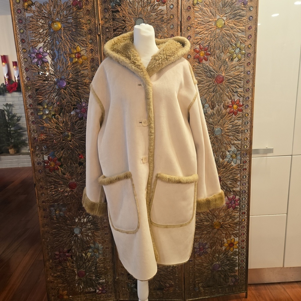 Faux Fur Shearling Hooded Coat Womens Size Large Brown Cream
